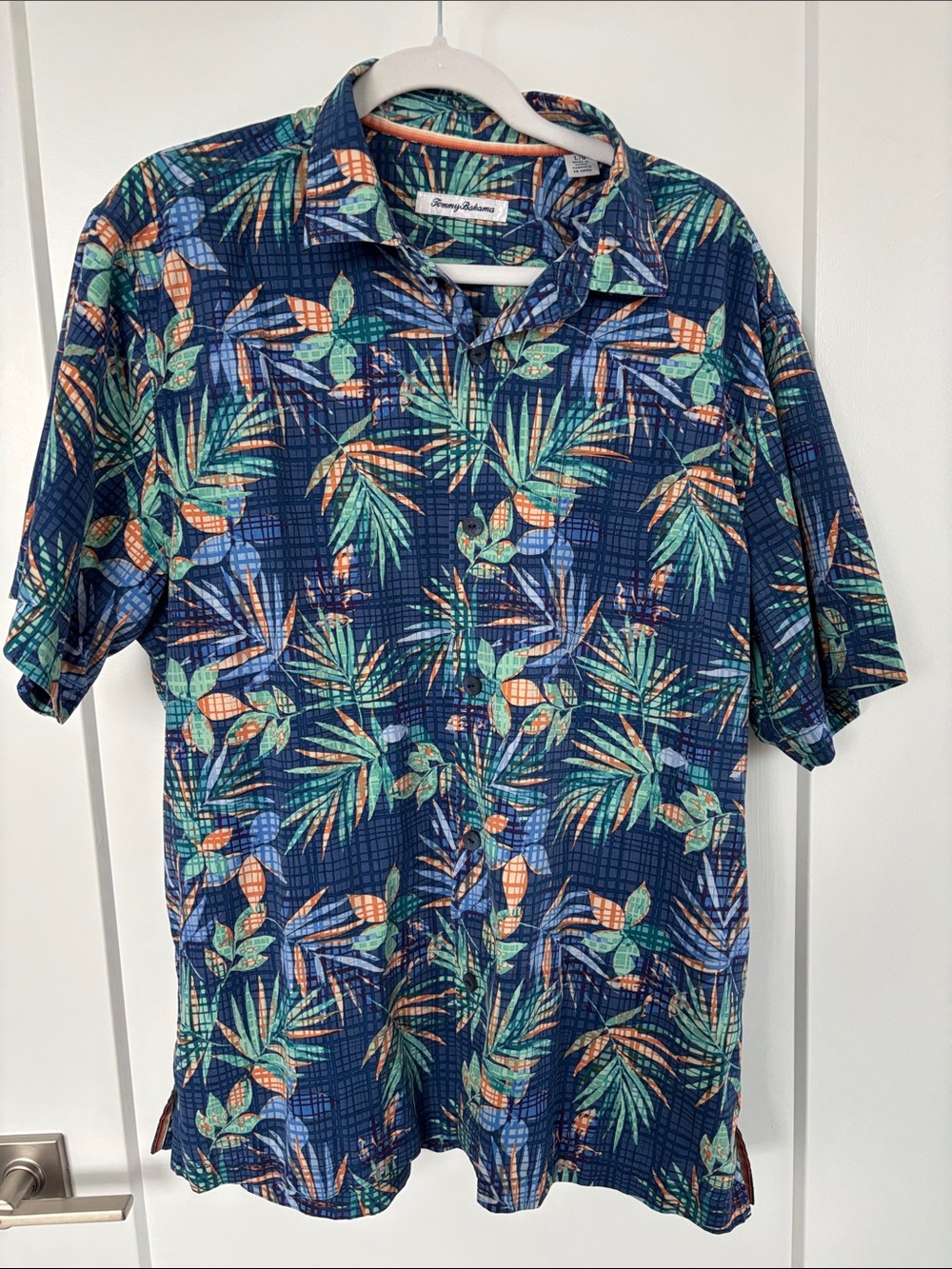 Tommy Bahama Navy Tropical Leaf Short Sleeve Button-Front Shirt Size Large